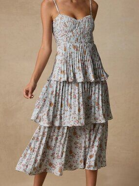 Lulu's Blue Floral Print Tiered Bustier Midi Dress